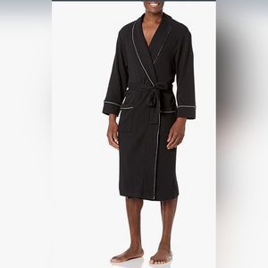 Amazon Essentials Black/White Trim Waffle Shawl Collar Midi Robe No Belt NWT M/L